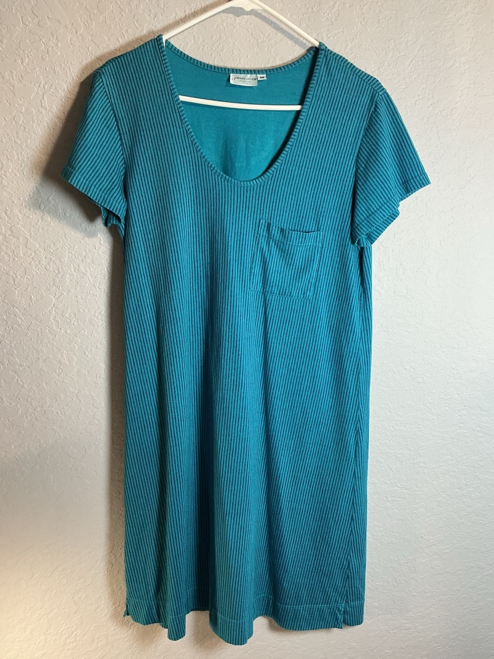 Vintage PRAIRIE COTTON Women Casual Ribbed Short-Sleeve Dress inTeal Size M USA.